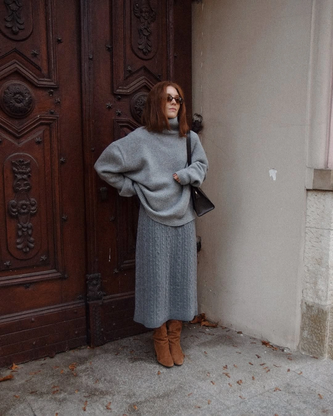 knit skirt outfits fall 2026 Monochrome Grey Knit Set With Timeless Elegance