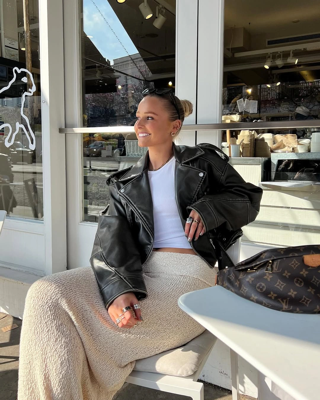 knit skirt outfits fall 2026 Leather Jacket Contrast With a Soft Cream Knit Maxi