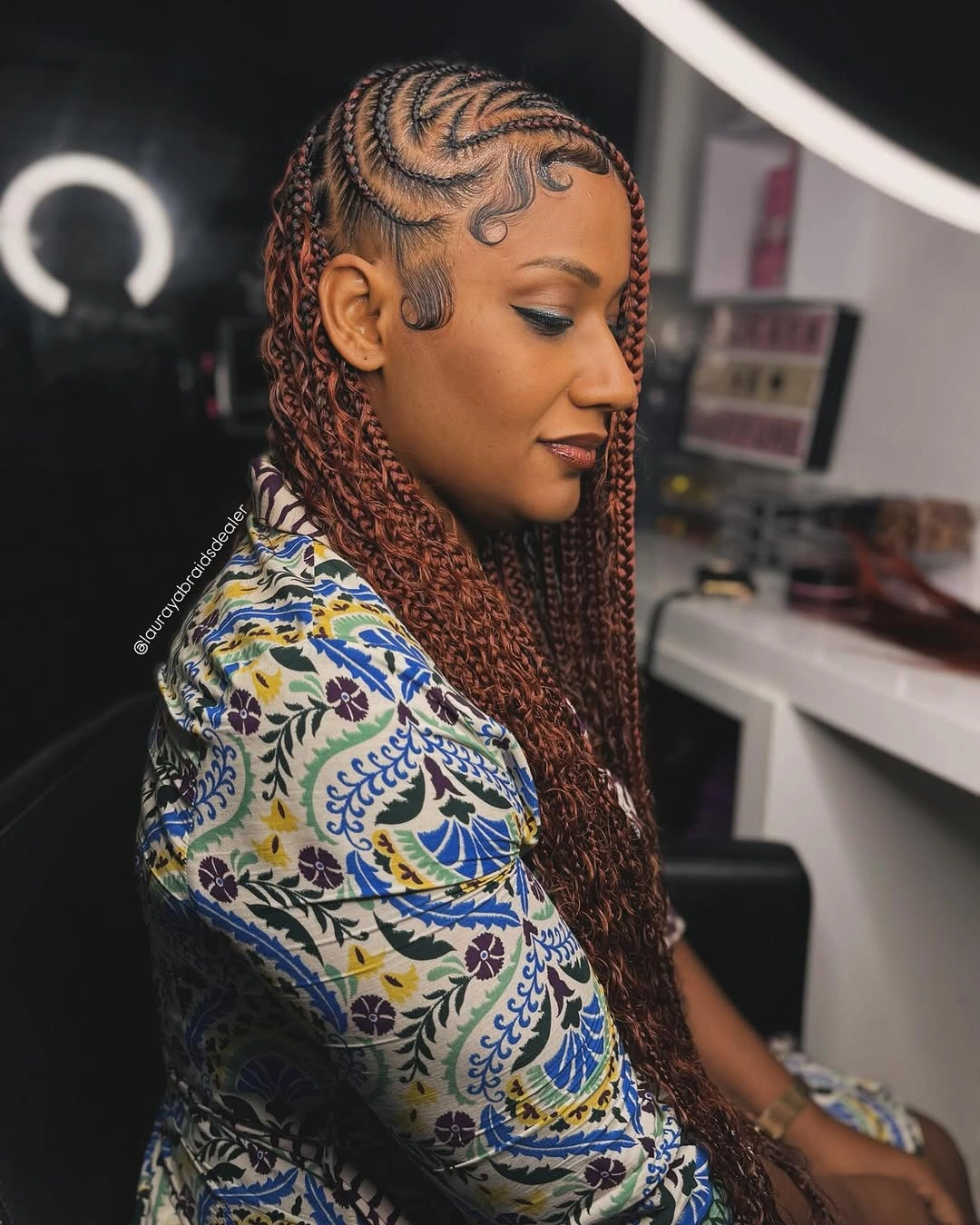 lemonade braid hairstyle Copper Lemonade Braids with Dramatic Swirl Details