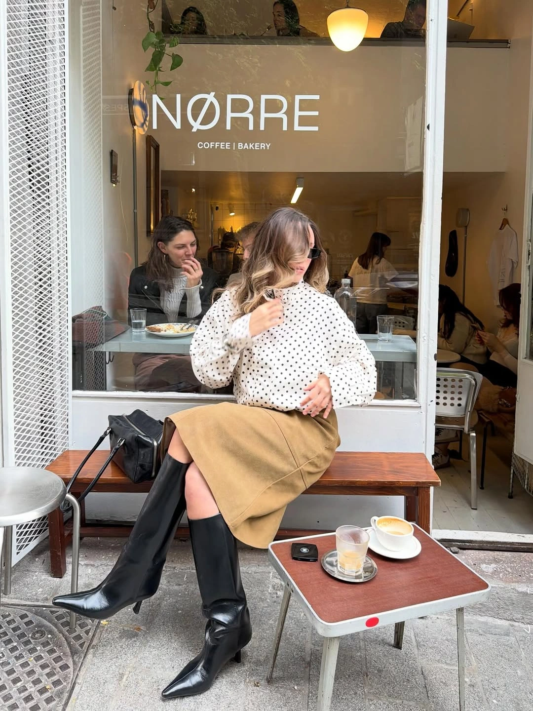 midi skirt fall outfit 2026 Coffee Date Style with Tan Suede and Knee-High Boots