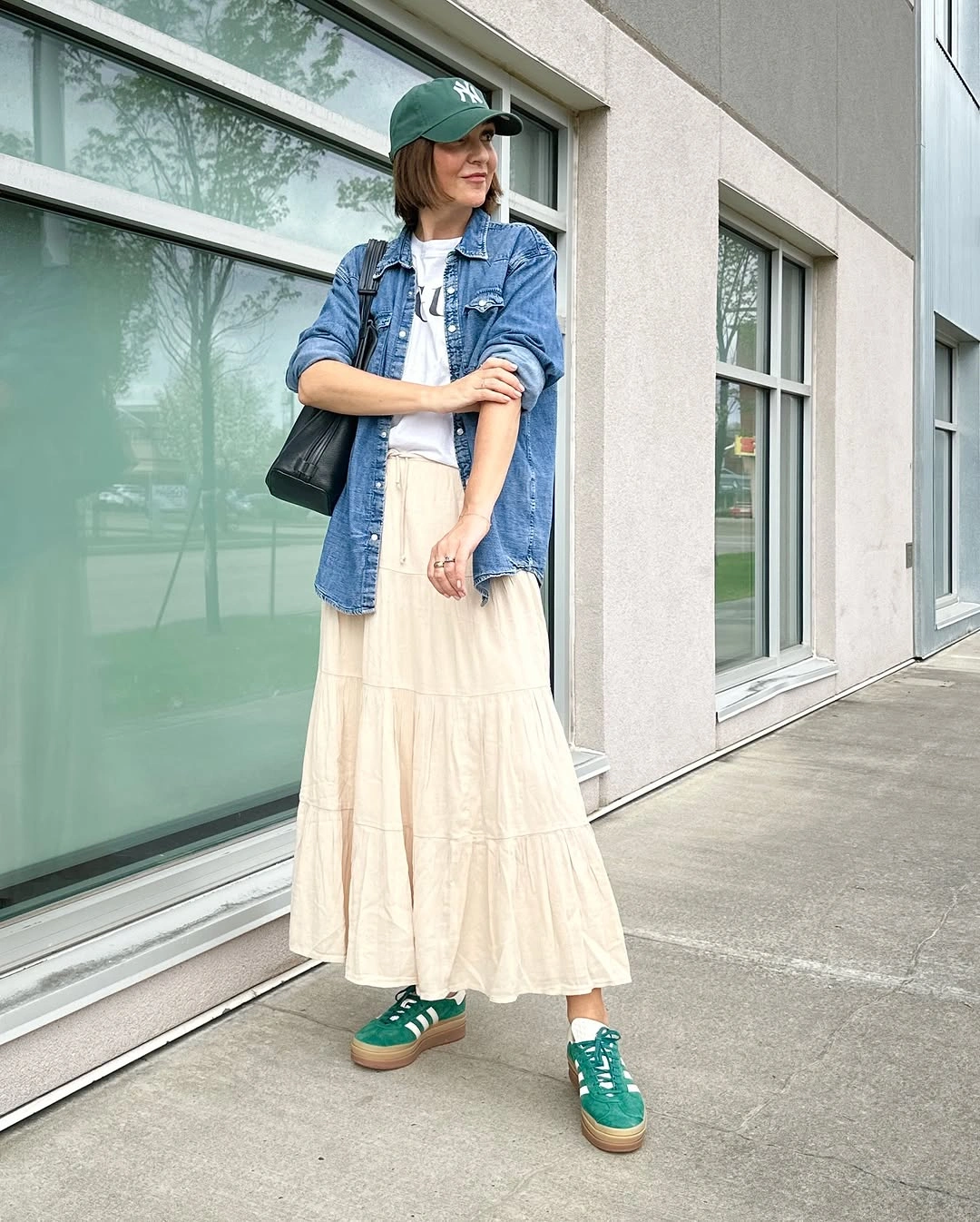 midi skirt fall outfit 2026 Relaxed Denim Layers with Soft Tiered Movement