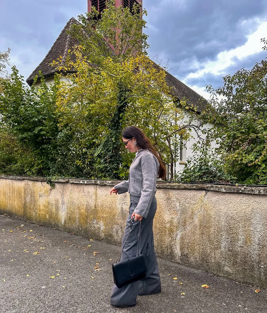 modest fall outfits 2026 Soft Gray Knit with Flowing Wide-Leg Trousers