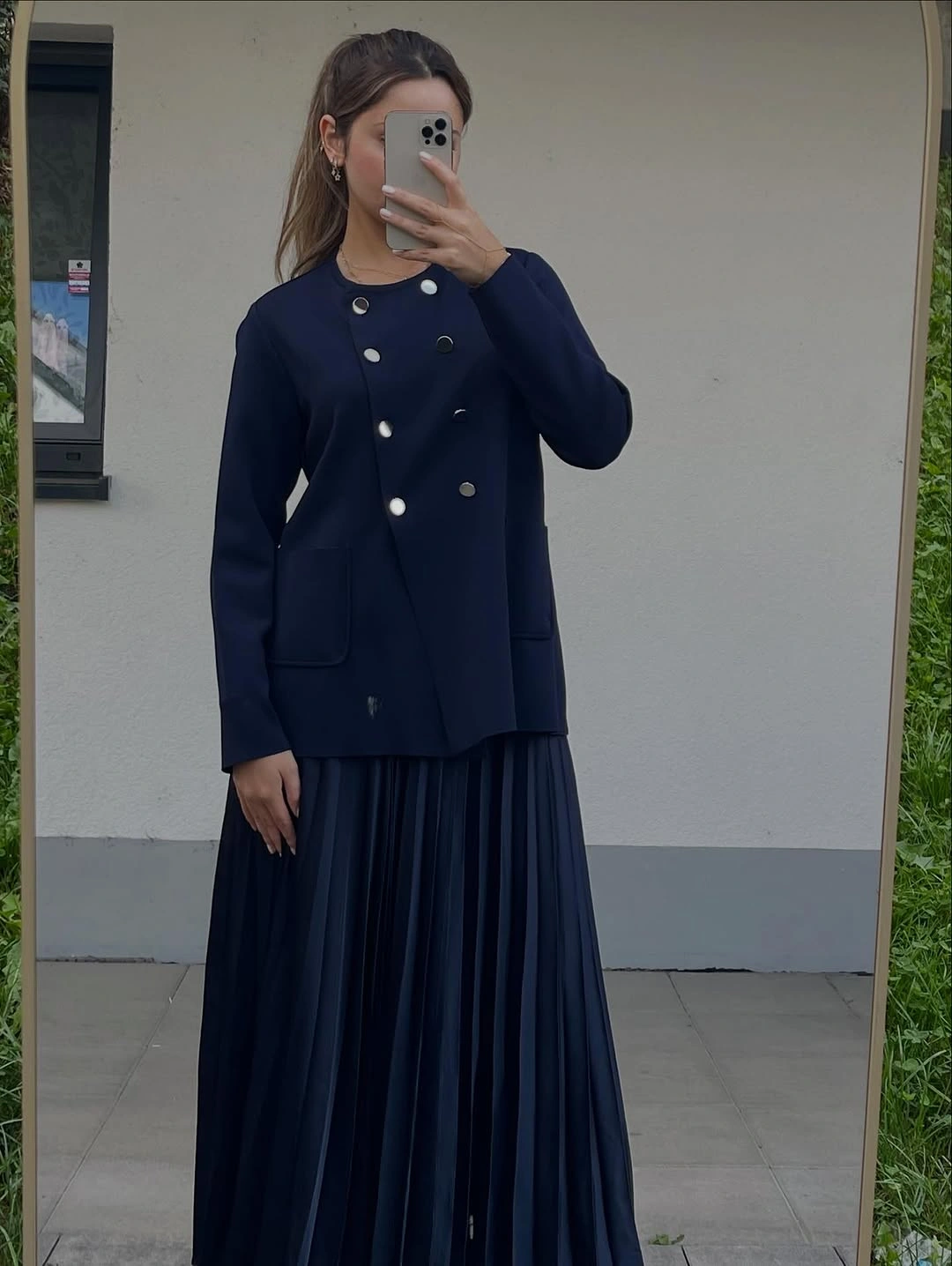 modest fall outfits 2026 Classic Navy Pleats for Sophisticated Modest Style