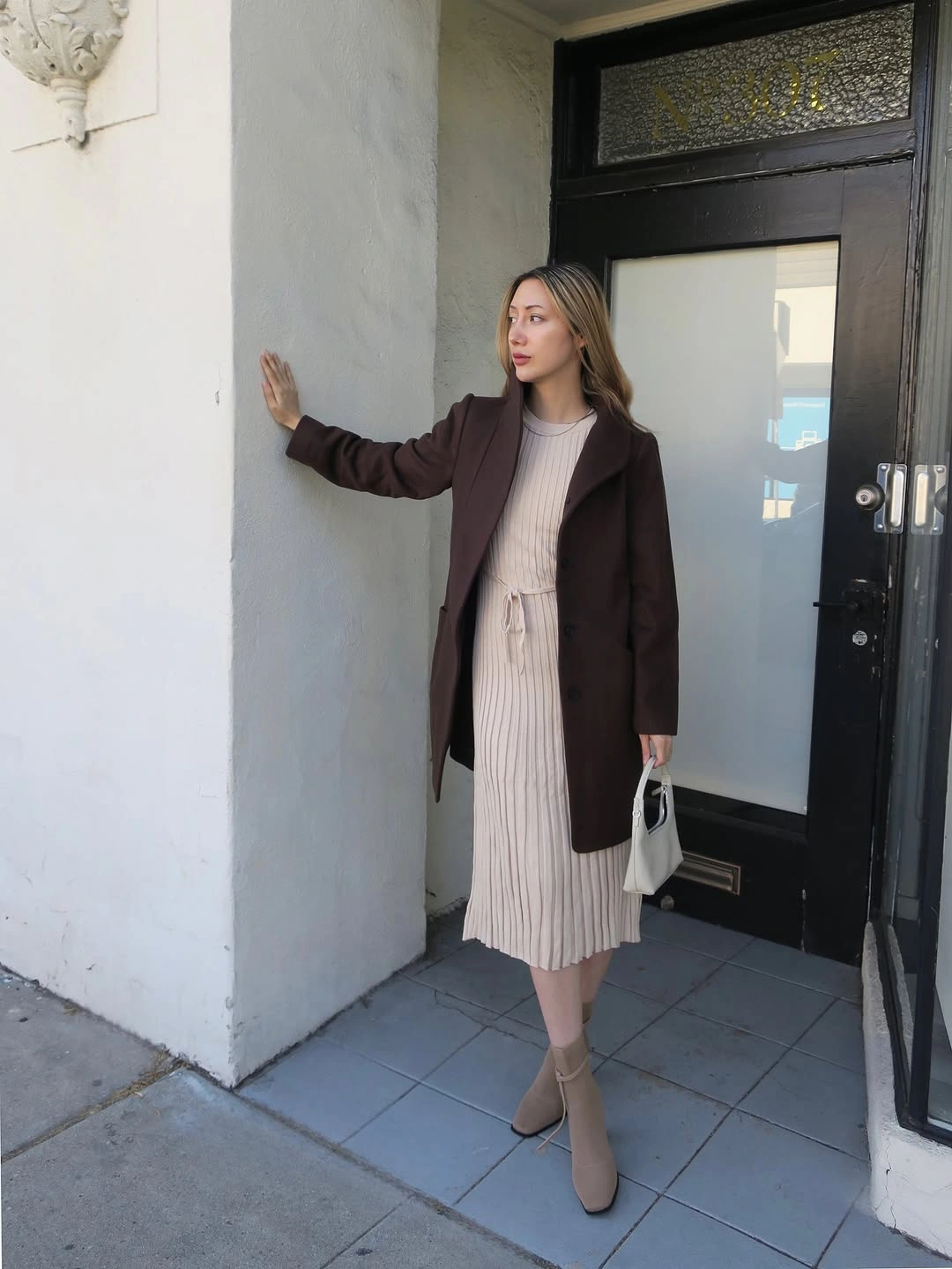 modest fall outfits 2026 Chocolate Coat and Ribbed Dress for Everyday Elegance