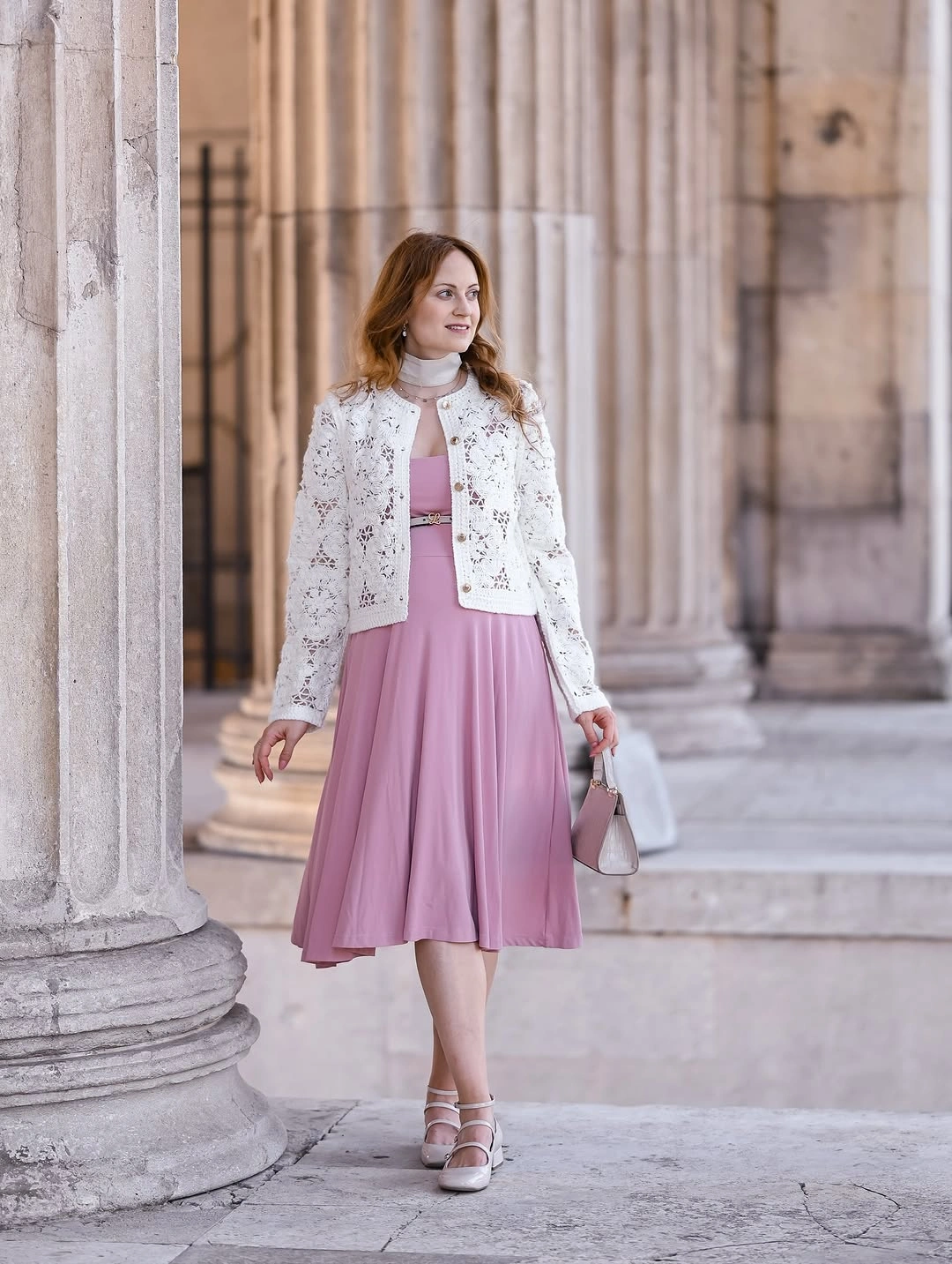 September fashion trends 2026 Embroidered White Jacket With A Pink Skirt