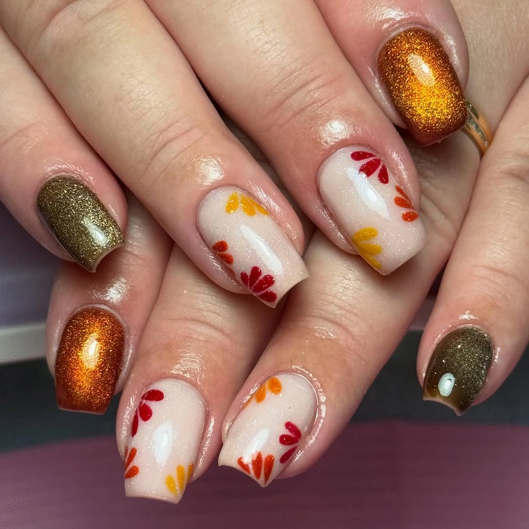 September nail art ideas 2026 Copper Cat Eye Nails With Autumn Leaves