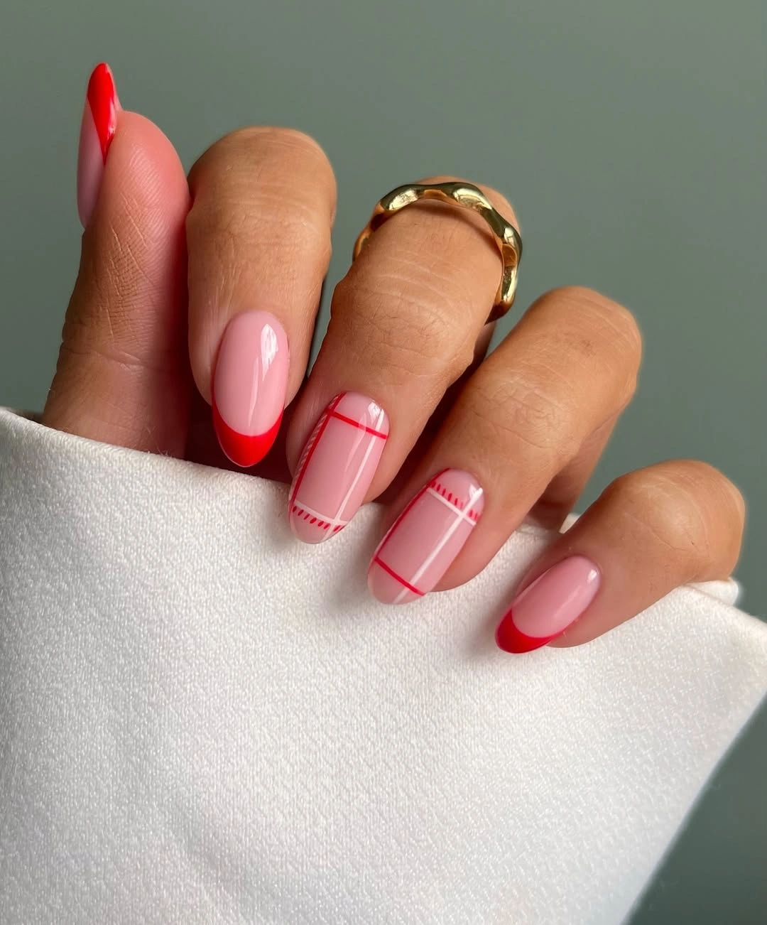 September nail art ideas 2026 Red French Accent With Pink Plaid Nails