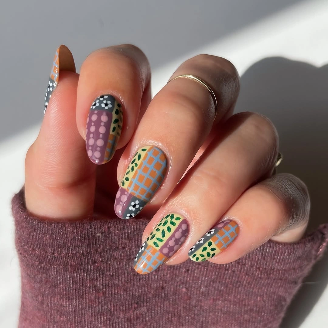 September nail art ideas 2026 Rainbow Dot Grid Nails With Brown Accent