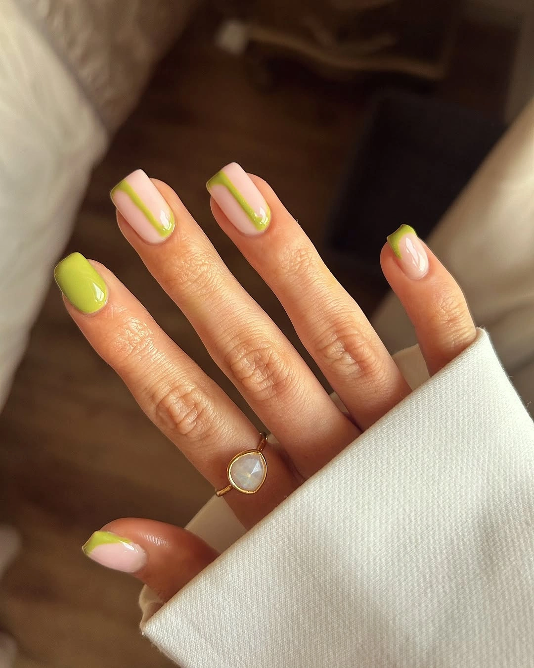 September nail art ideas 2026 Neon Yellow and Peach French Color Blocks