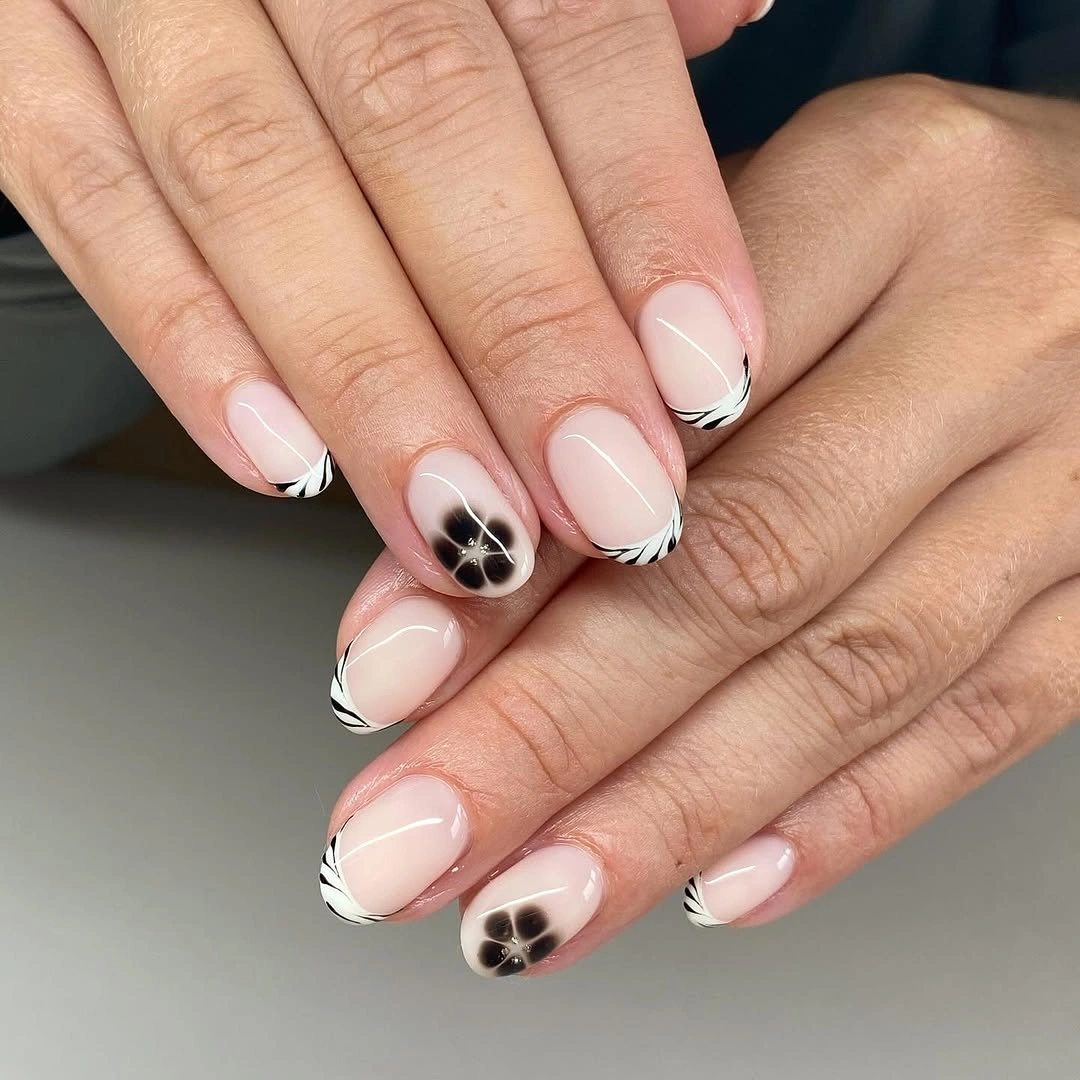 September nail art ideas 2026 Black Petal French Accents on Short Nails