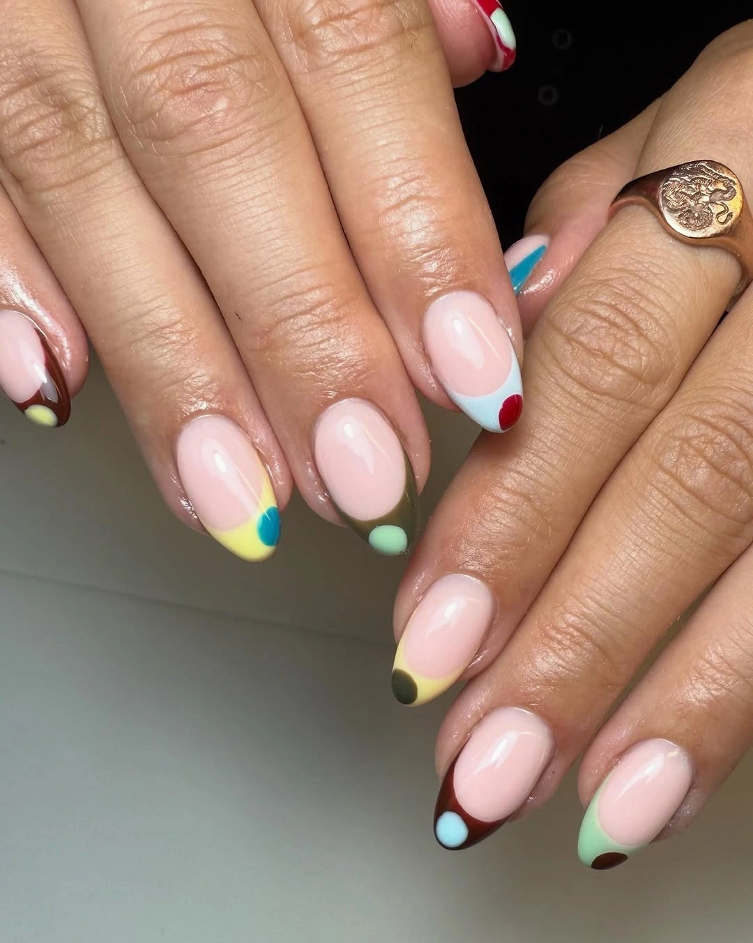 September nail designs 2026 Colorful Micro French Tips on Pale Pink Nails