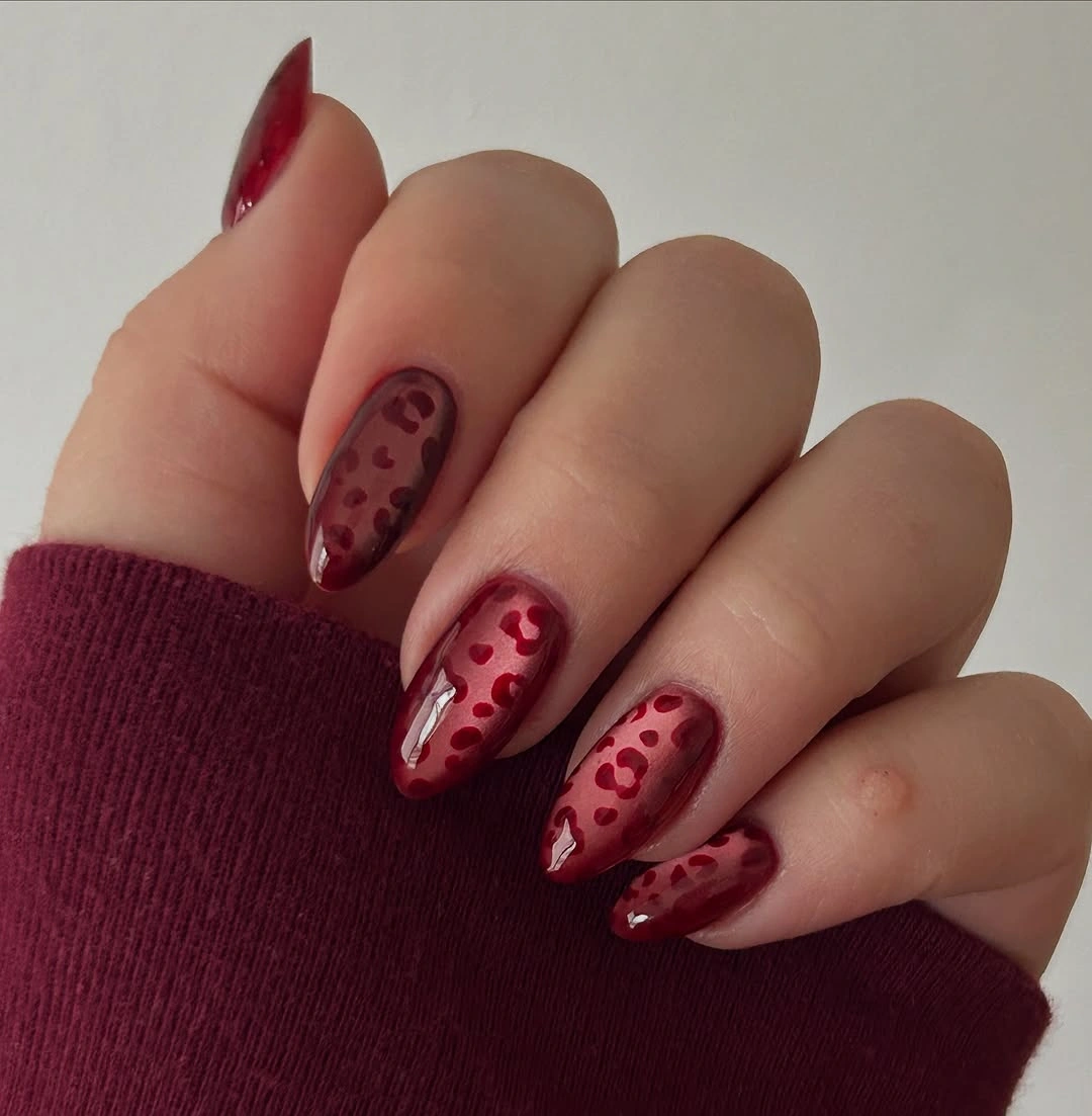 September nail designs 2026 Burgundy Almond Nails With Spotted Accent