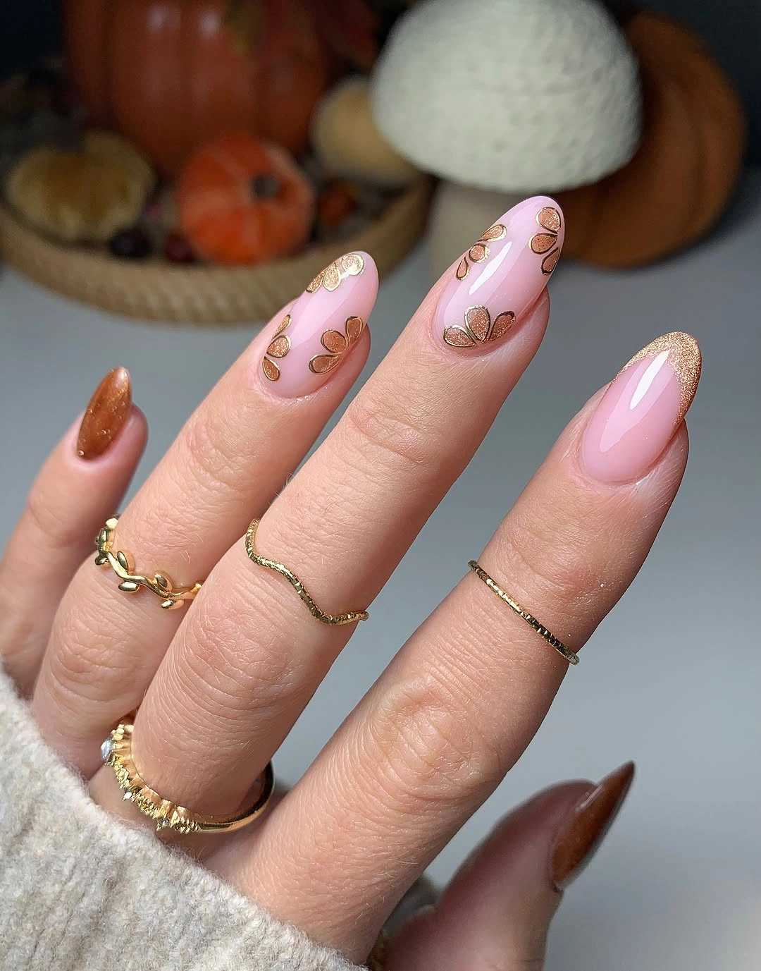 September nail designs 2026 Pumpkin Spice Swirls on Long Almond Nails