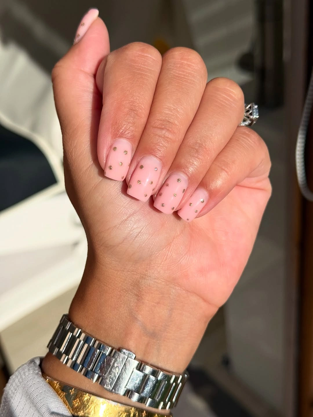 September nail designs 2026 Soft Pink Speckles on Short Square Nails