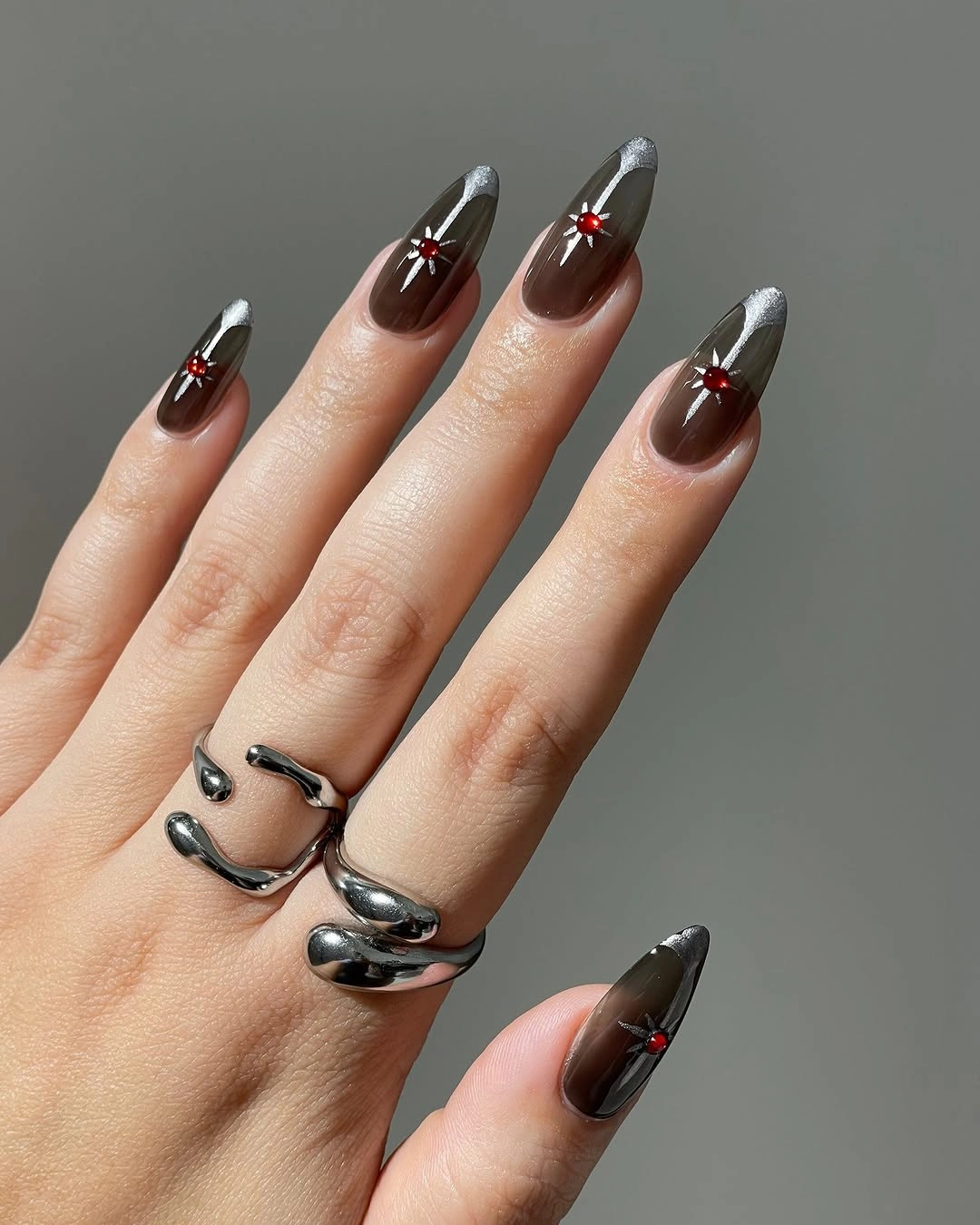 September nail designs 2026 Smoky Chrome Tips Over Dark Burgundy