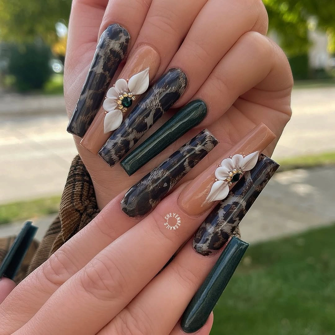 September nail designs 2026 Dark Marble Coffin Nails With White Florals