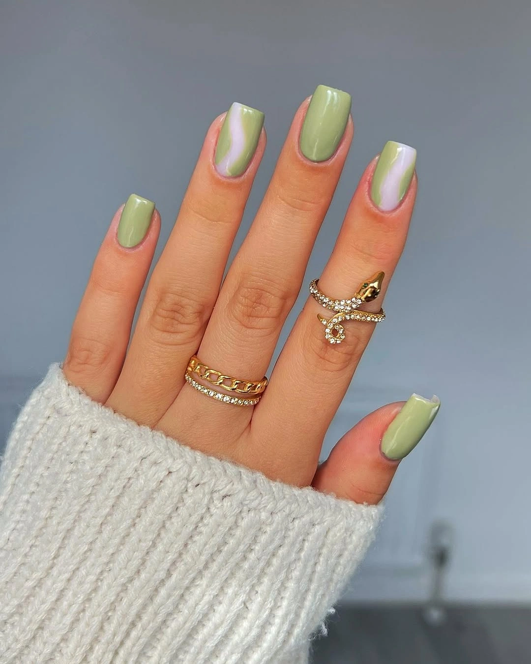 September nails color 2026 Sage Green Short Squares With Soft White Swirls