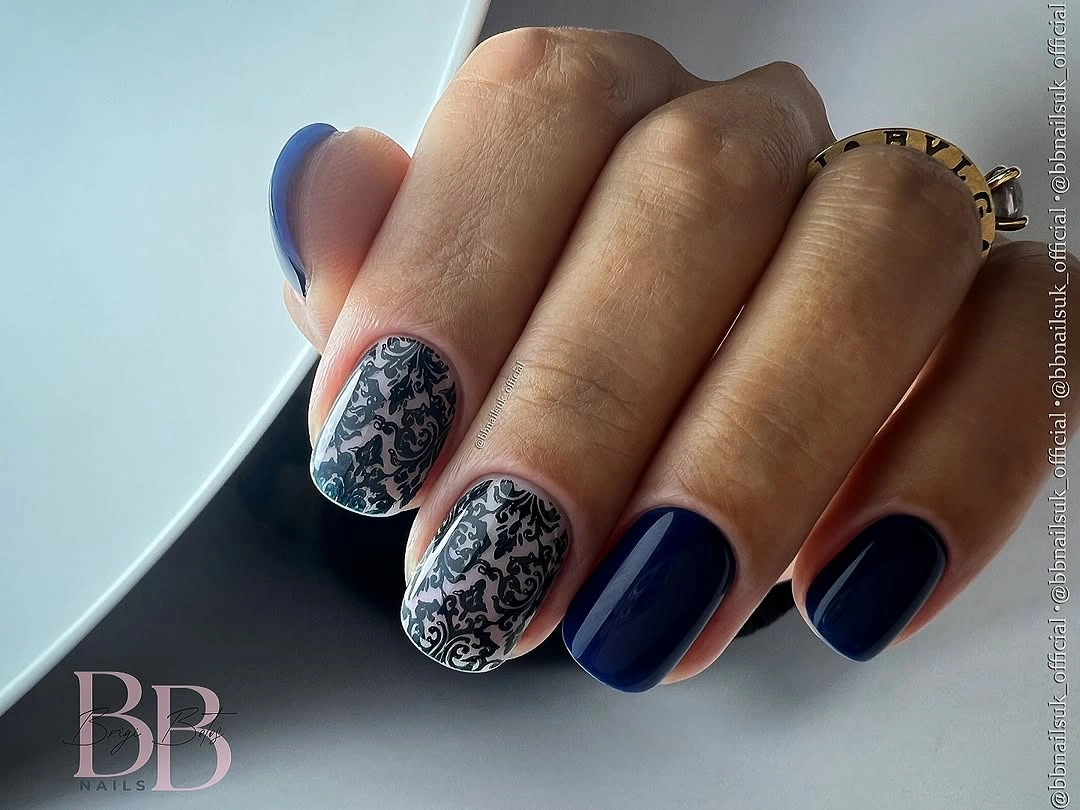 September nails color 2026 Navy Short Nails With Black Lace-Style Accents