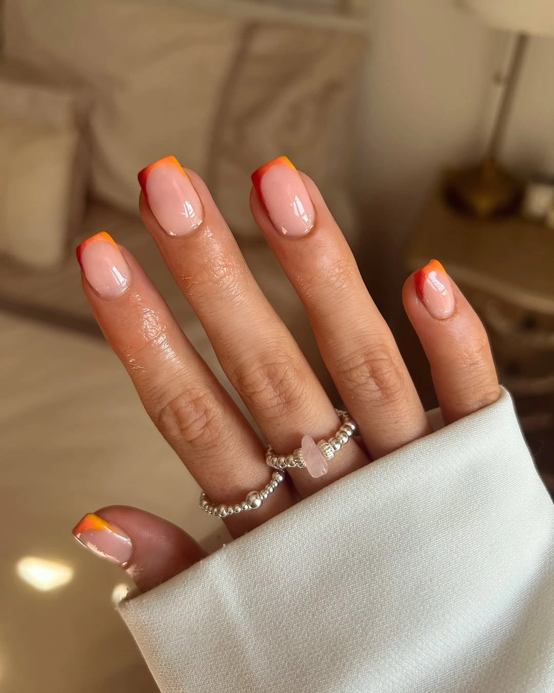 September nails color 2026 Orange Micro French Tips On Short Square Nails