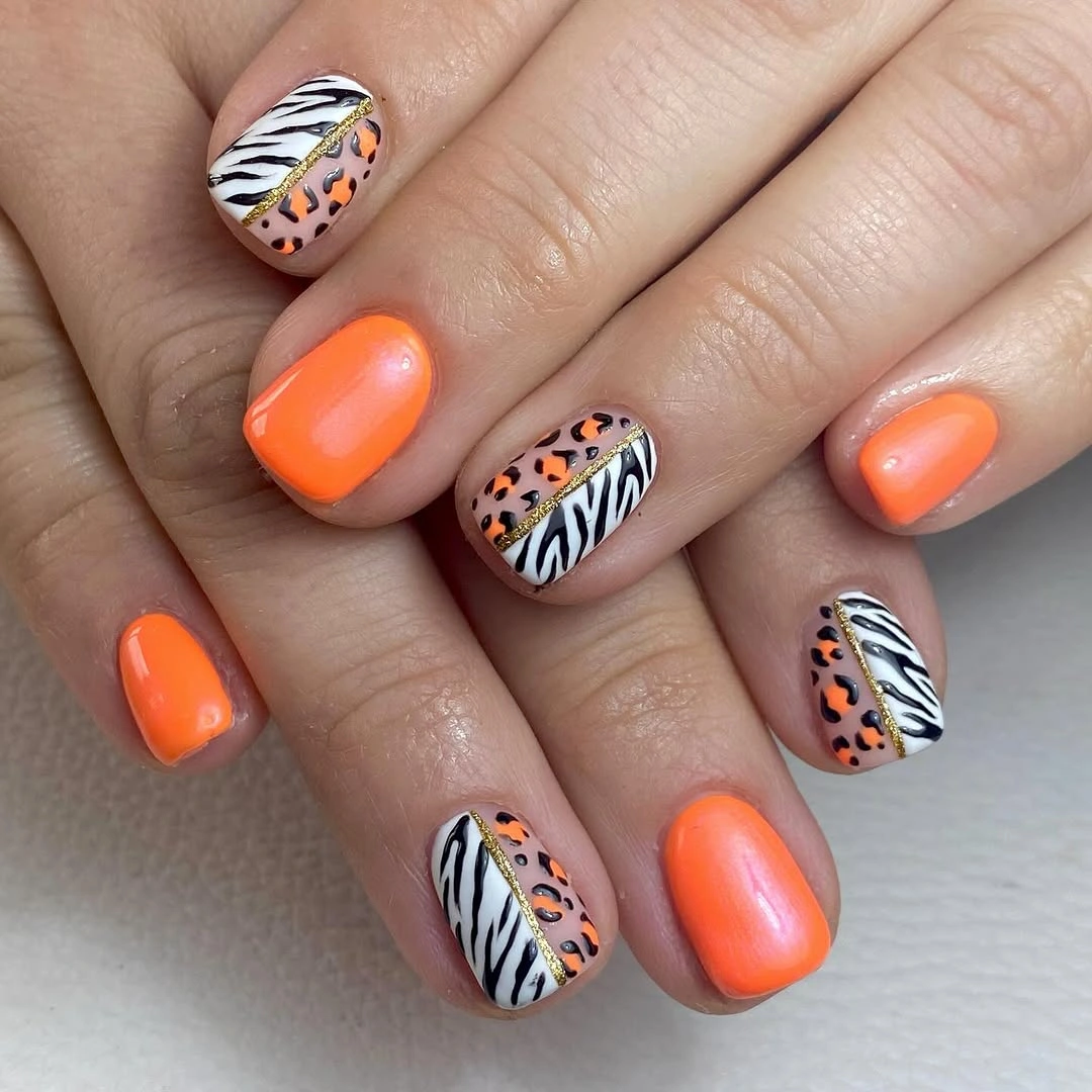 September nails color 2026 Bright Orange Short Squares With Split Animal Accents
