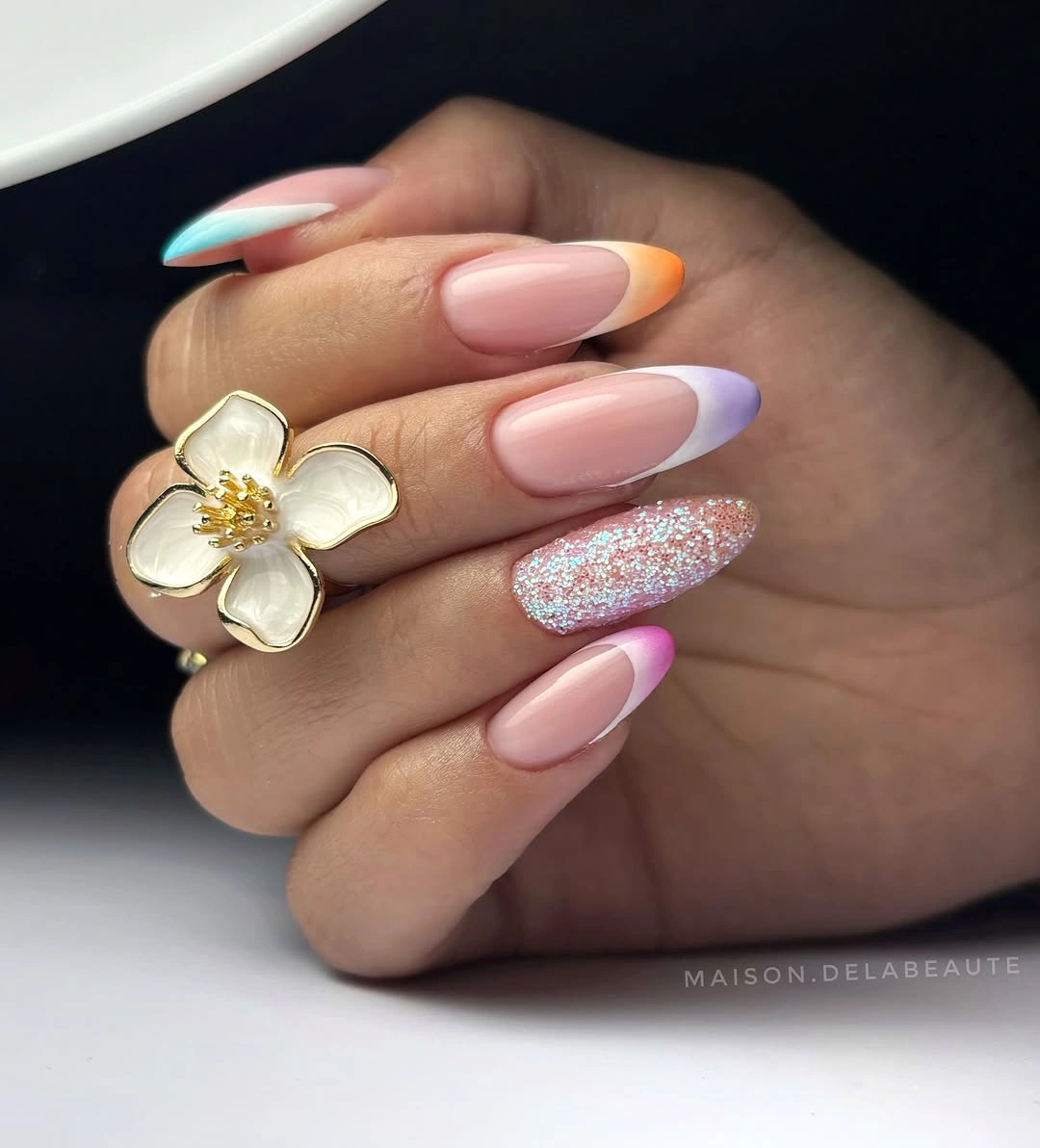 September nails color 2026 Pastel Almond French Tips With One Glitter Accent
