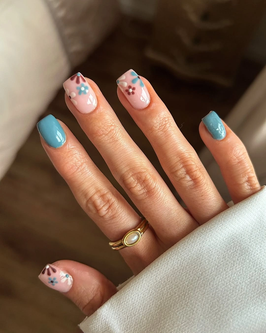 September nails color 2026 Blue Short Squares With Tiny Floral Accents