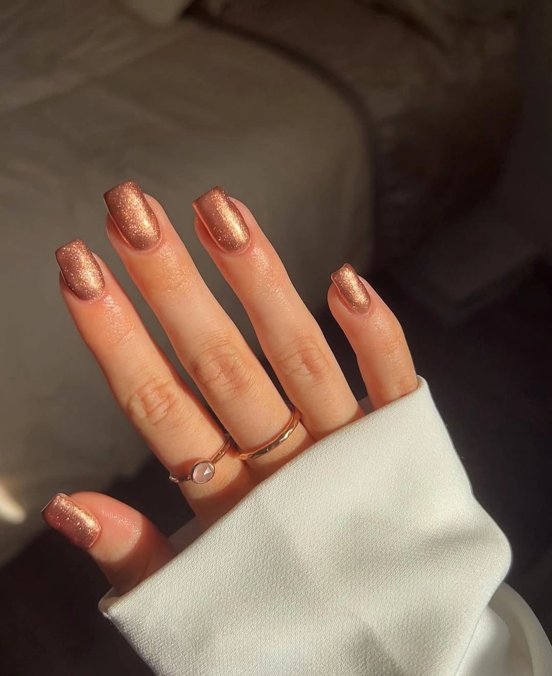 September nails color 2026 Copper Shimmer Short Squares In Warm Light