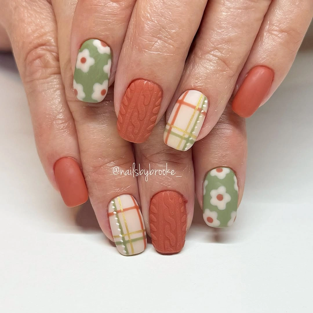 September nails color 2026 Rust Sweater Texture With Sage Florals And Plaid