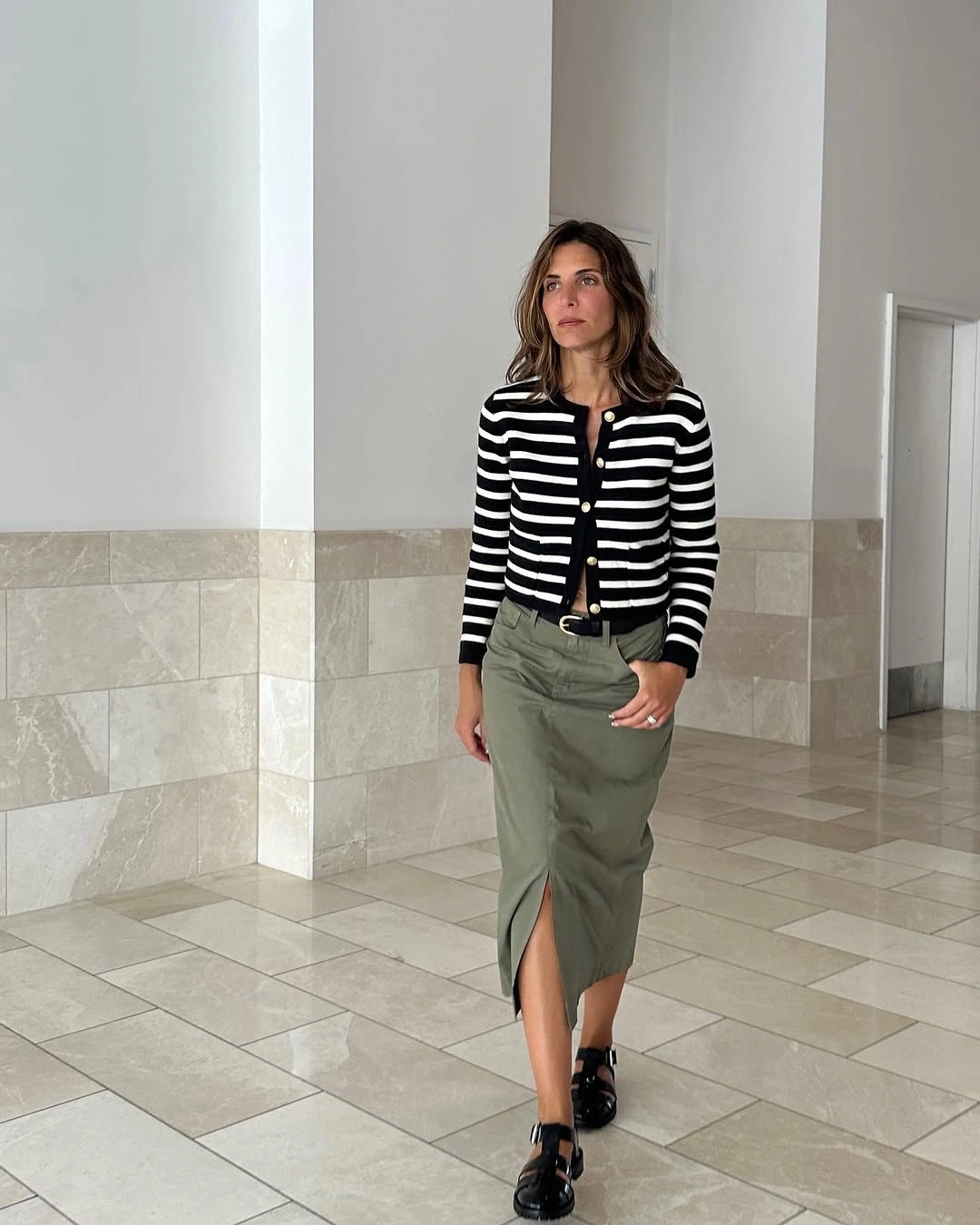 September outfits ideas 2026 Striped Cardigan With An Olive Column Skirt