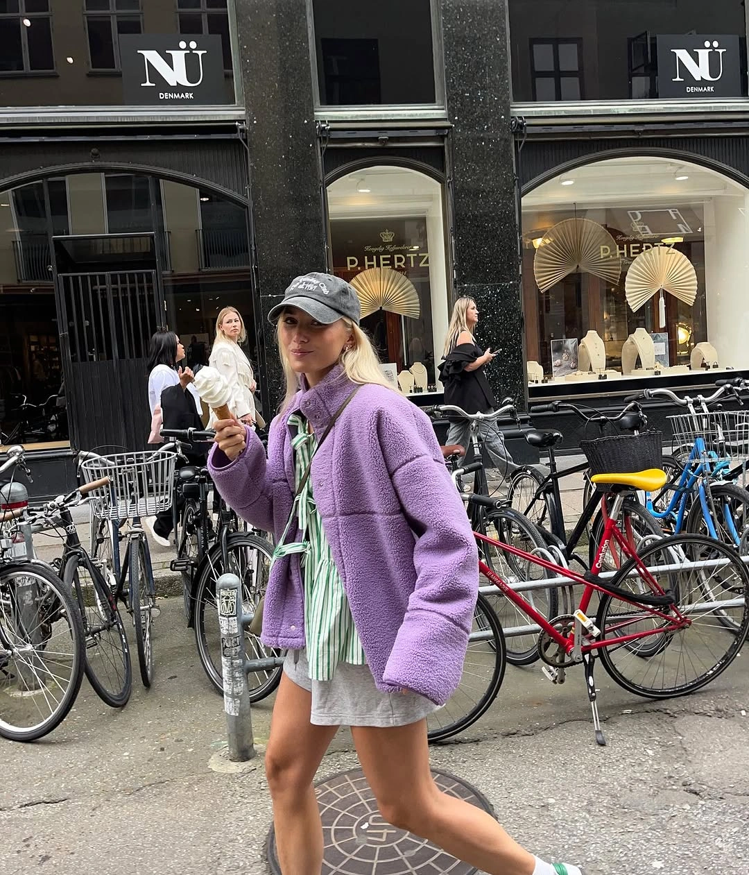 September outfits ideas 2026 Lavender Cardigan With A Mini Skirt And Cap