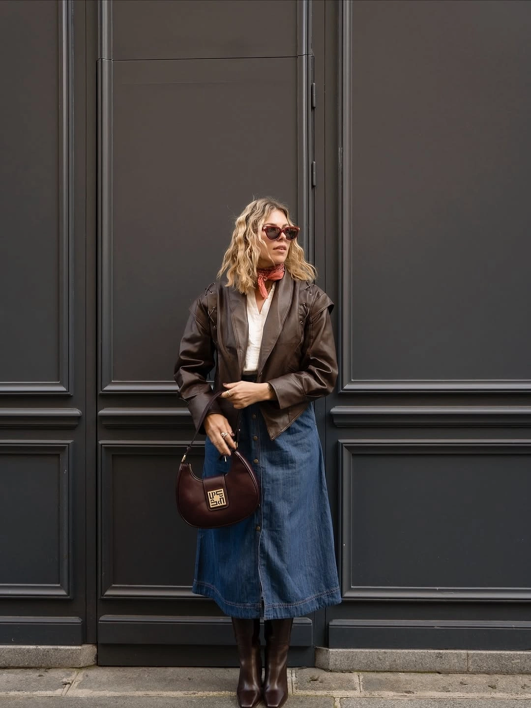 what are must-have fall outfits for 2026 Style a Denim Midi Skirt with Rich Leather Layers
