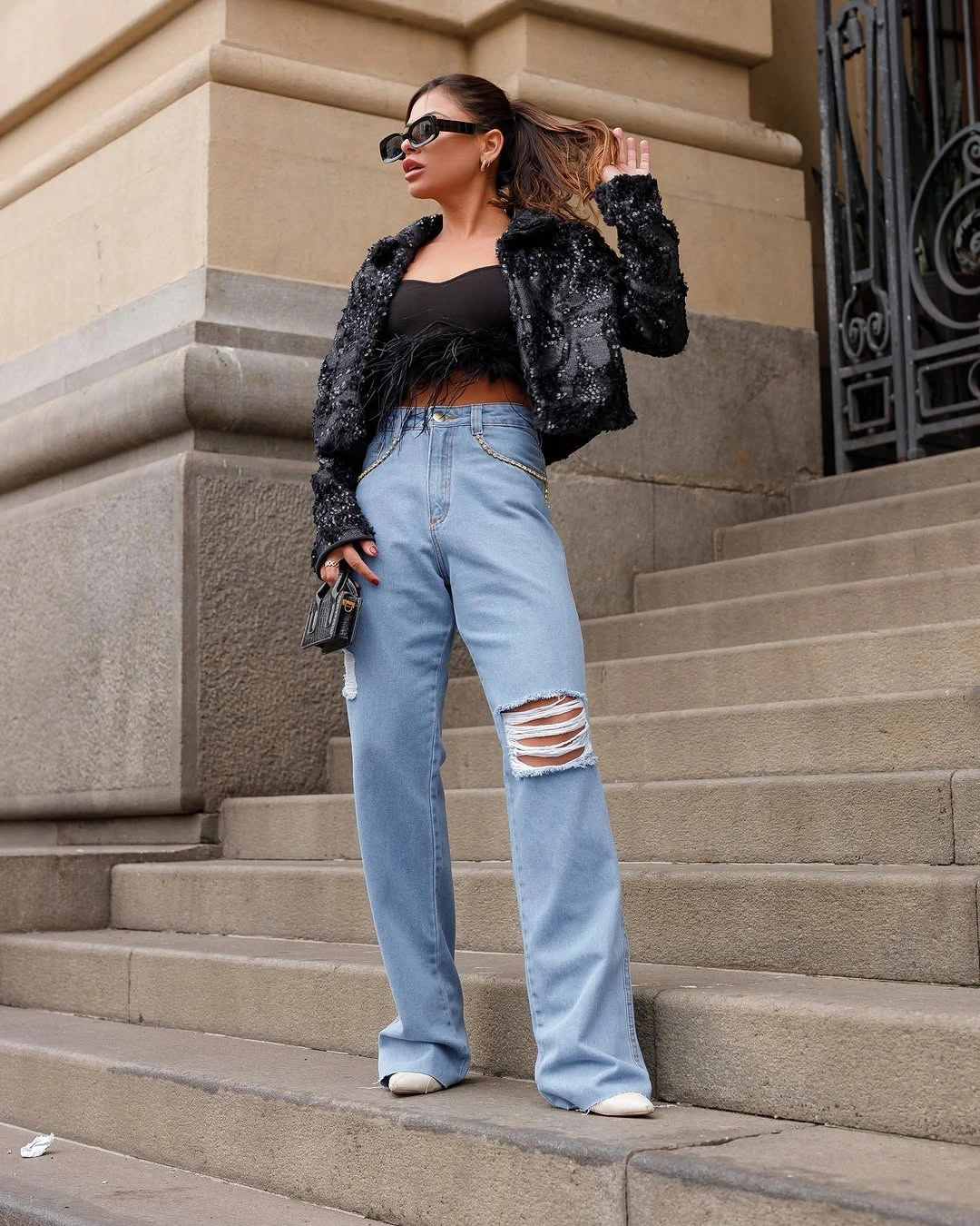 wide leg jeans outfit fall 2026 Sequins and Light Denim for a Glamorous Fall Night