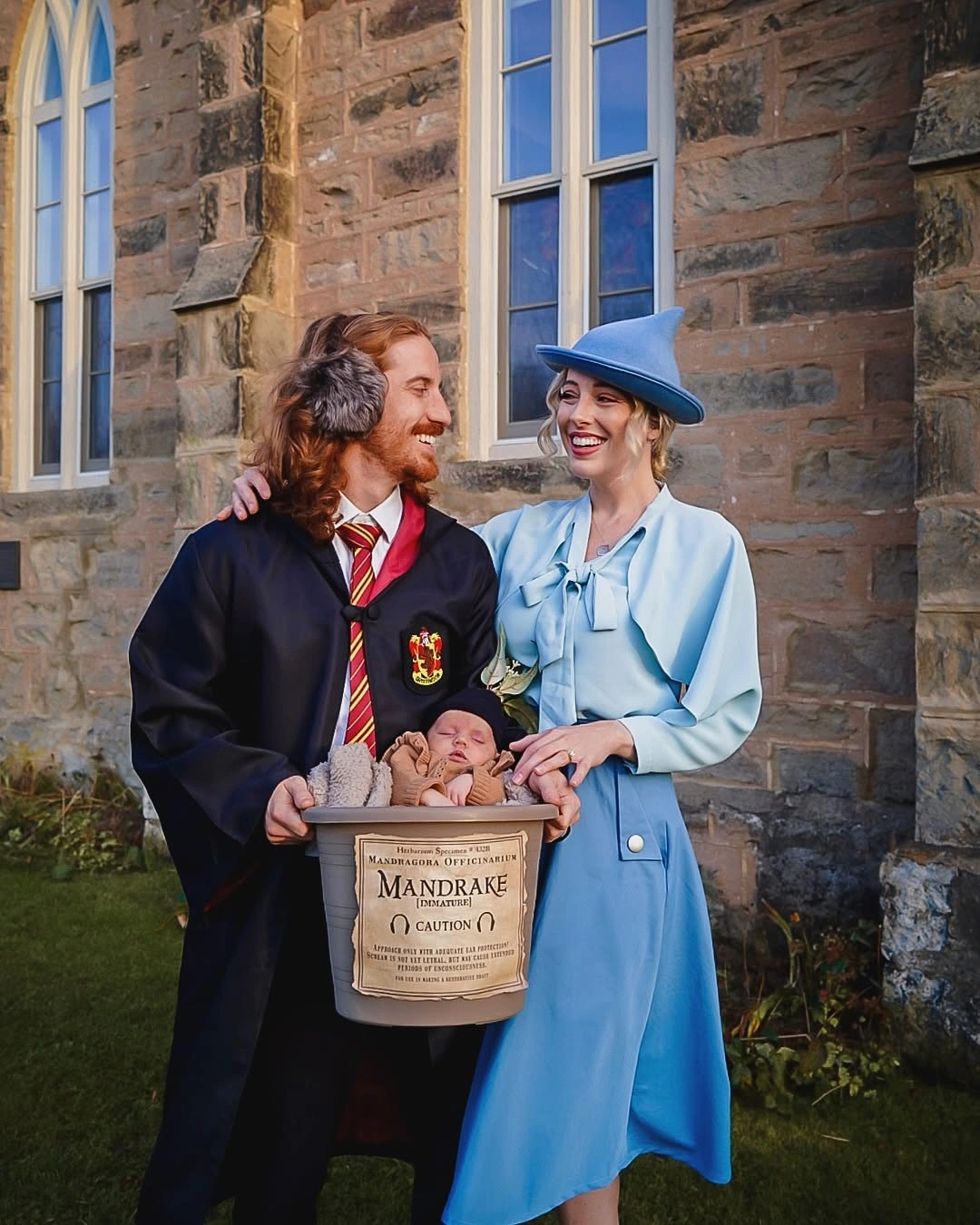 Hogwarts Gryffindor and Beauxbatons student costumes holding Mandrake prop