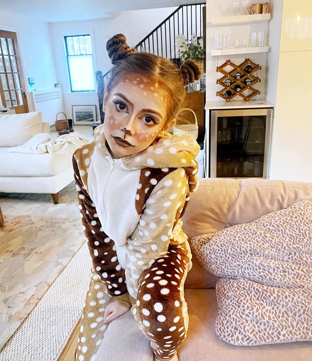 Spotted fawn costume with ears, brown outfit, and white face markings