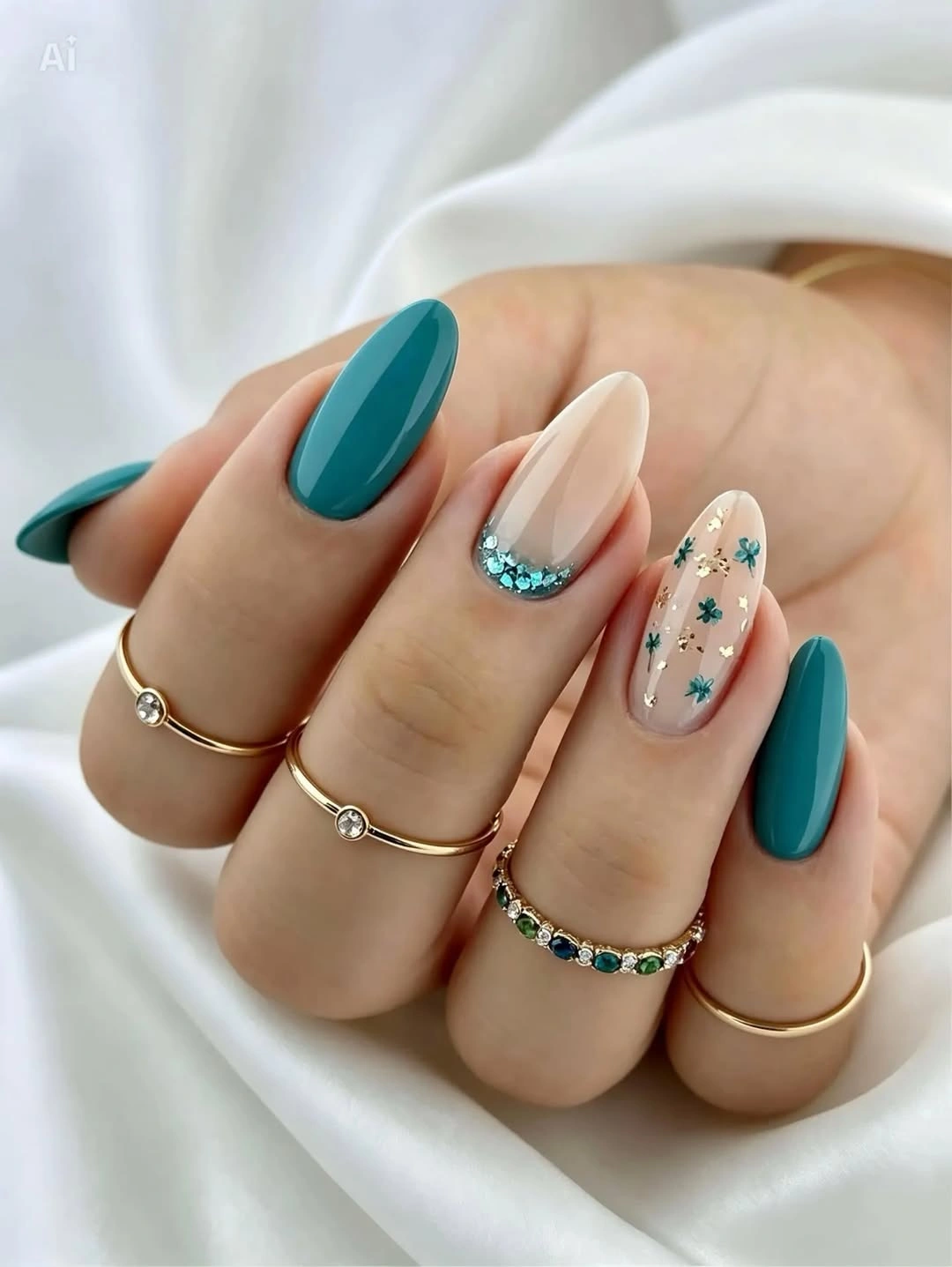 Long teal almond nails with floral and jeweled accents