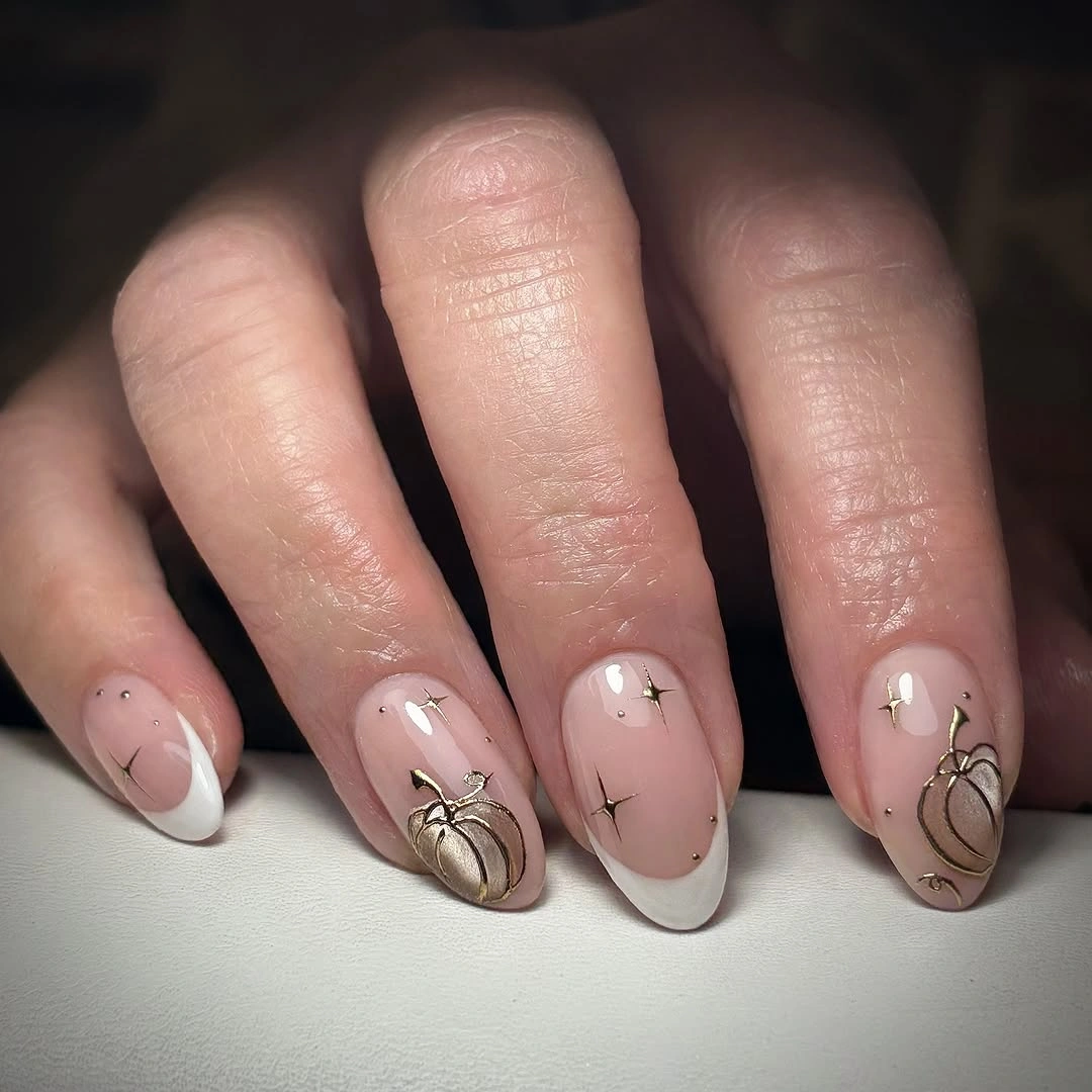 Short nude french nails with botanical line art