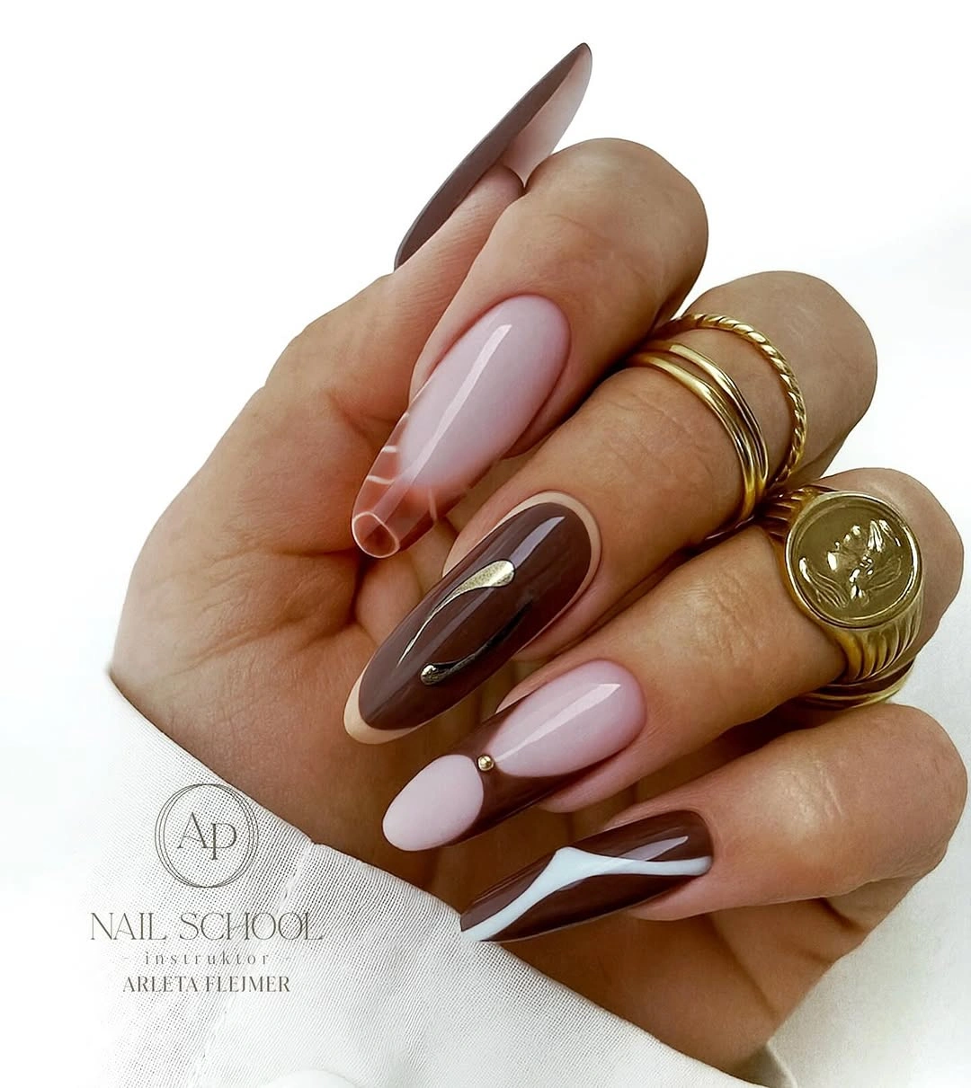 chocolate negative space almond nails with clear tip details