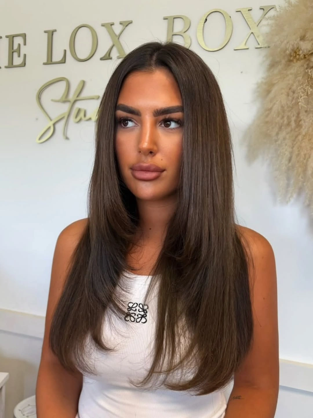Long straight dark brunette layers with soft warm front reflections