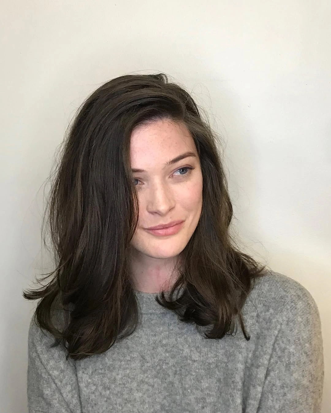 Dark chocolate layered hair with soft warm reflections