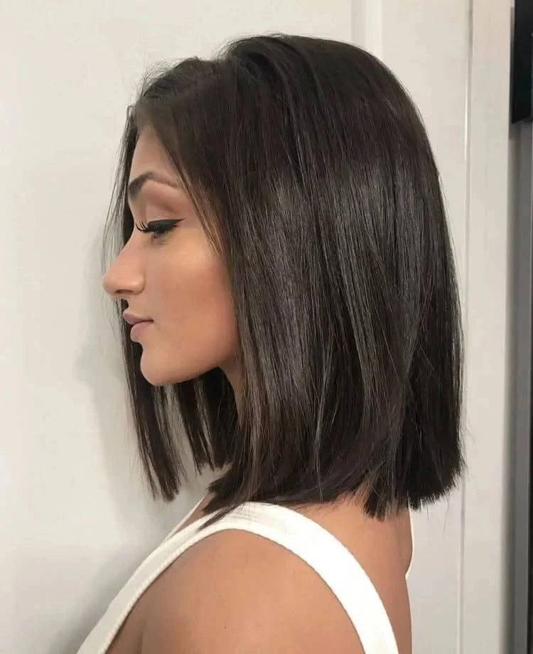 Chin-length espresso brown blunt bob with a smooth finish