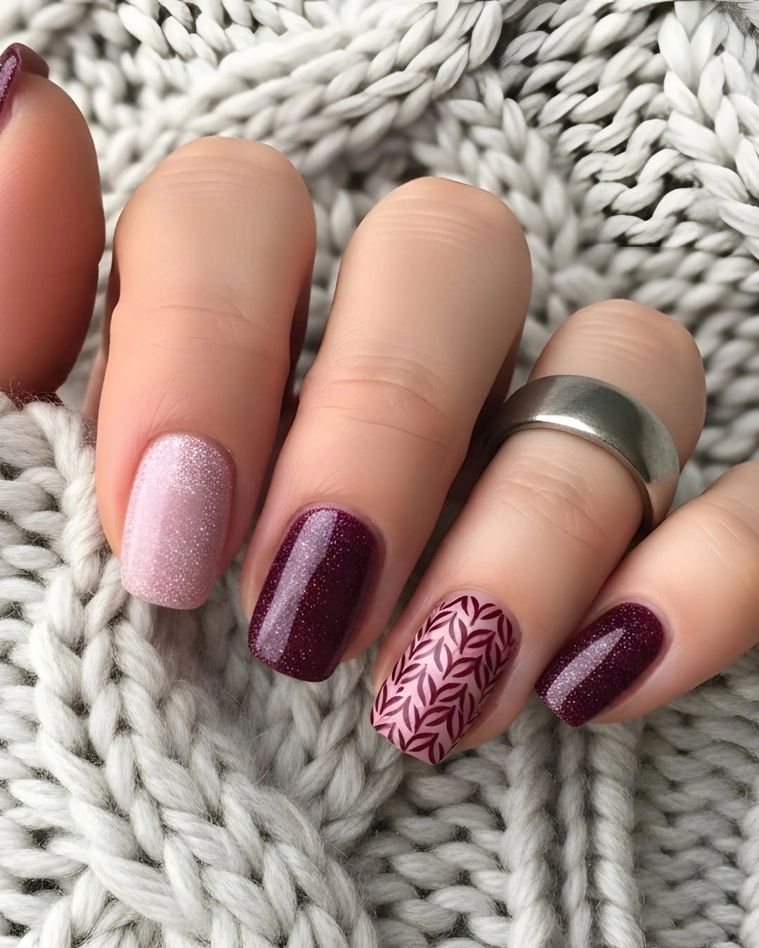 Short burgundy shimmer nails with one knit-like patterned accent