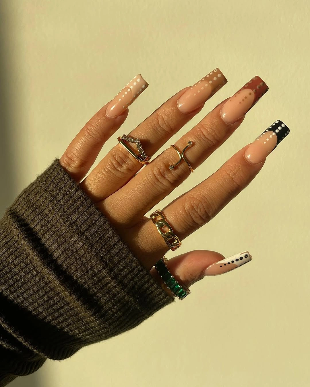 Long coffin nails with caramel French blocks and dark lines