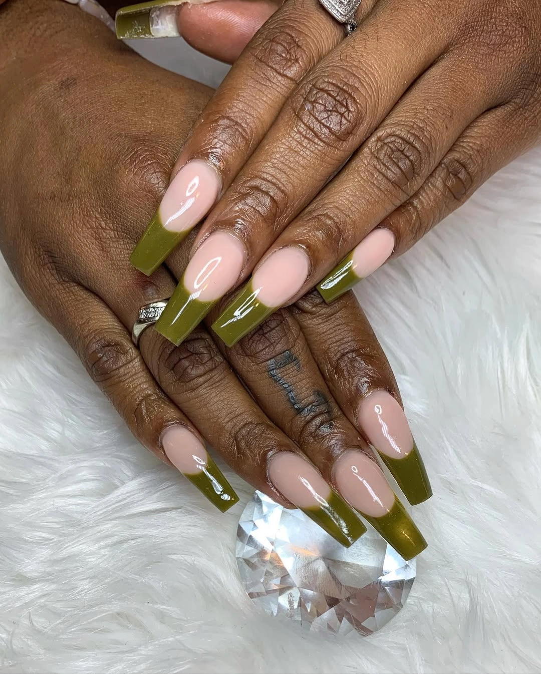 Long coffin nails with olive green French corner tips
