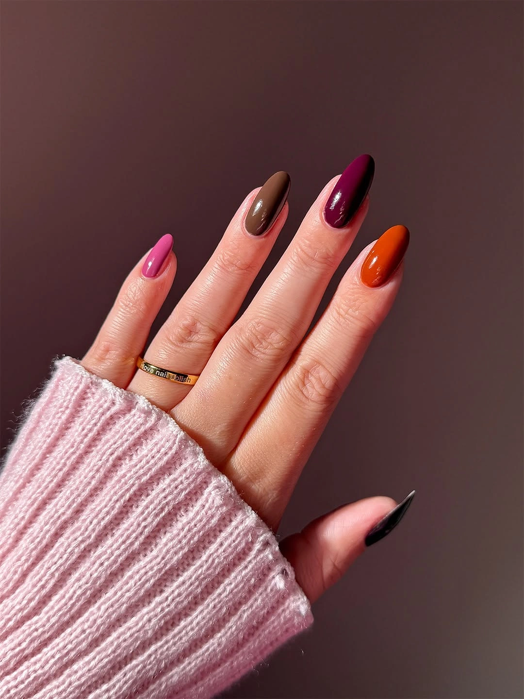 Long almond nails mixing burgundy brown orange nude and black