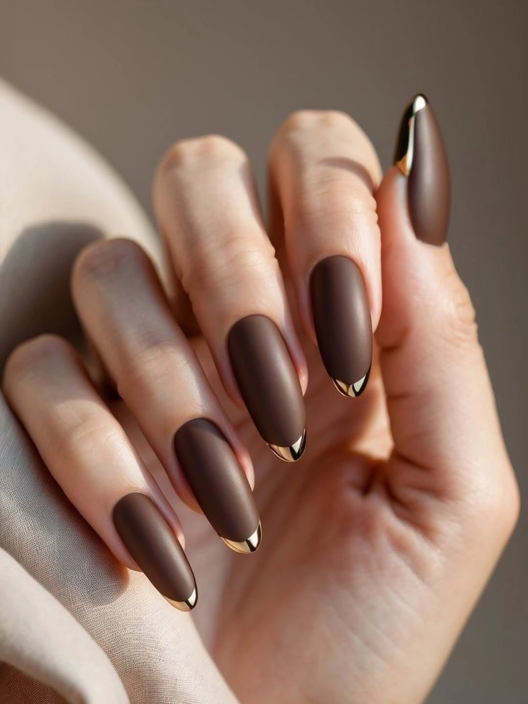 Long chocolate brown almond nails with slim pale edge accents