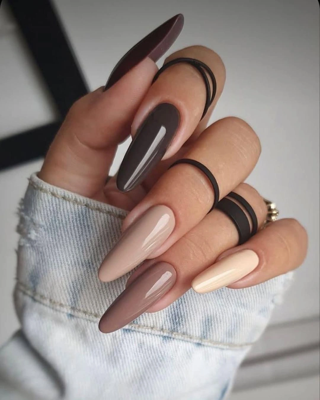 Espresso brown and blush nude long almond nails with taupe accents