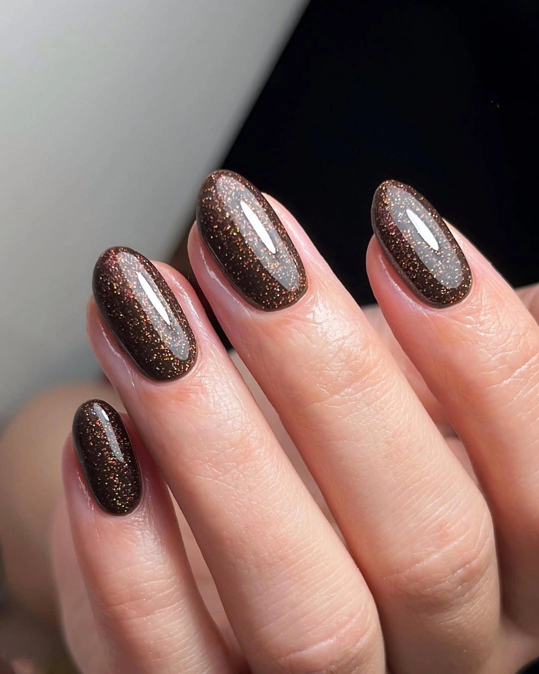 Chocolate glitter nails with pale pink fall accents