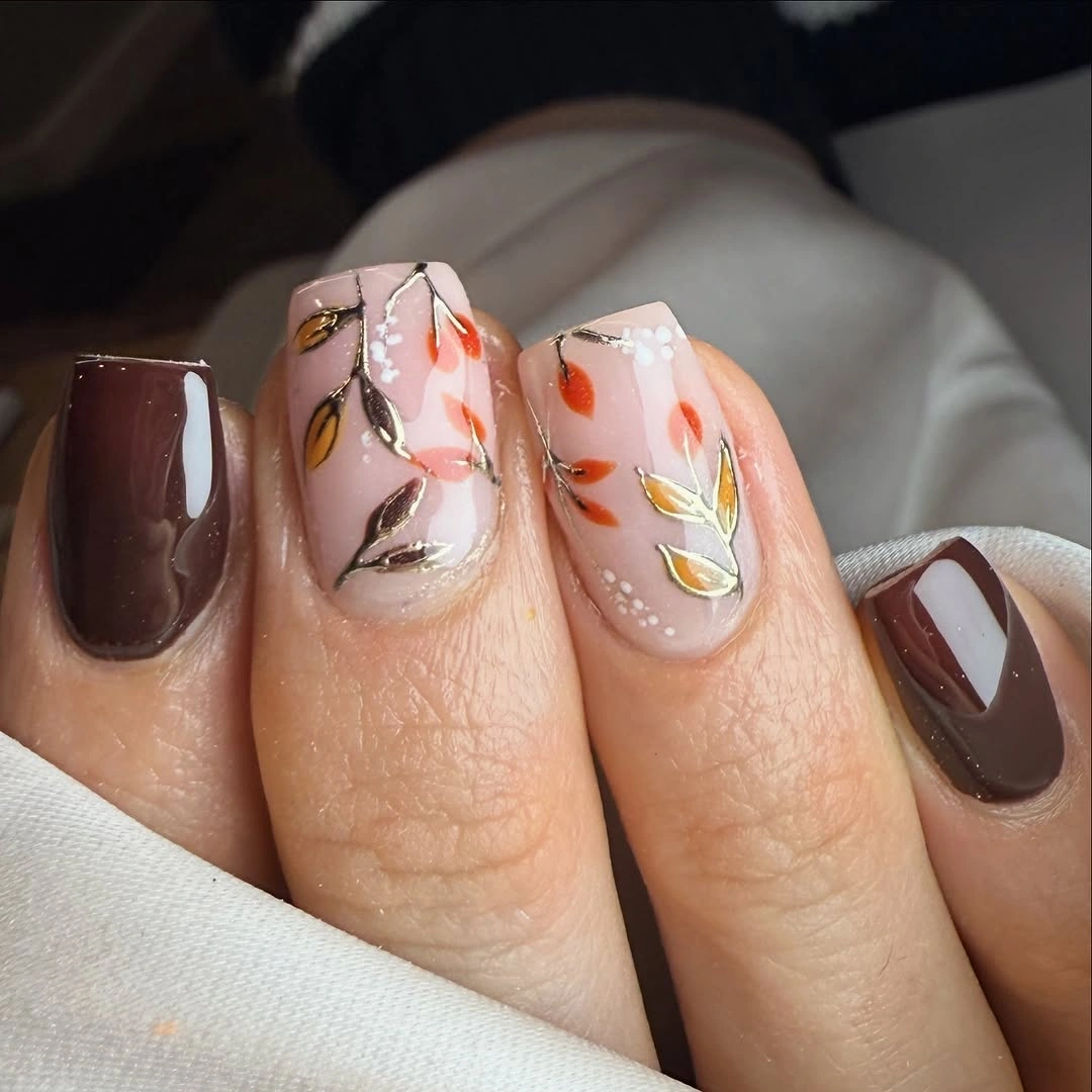 Chocolate square nails with white fall leaf accents