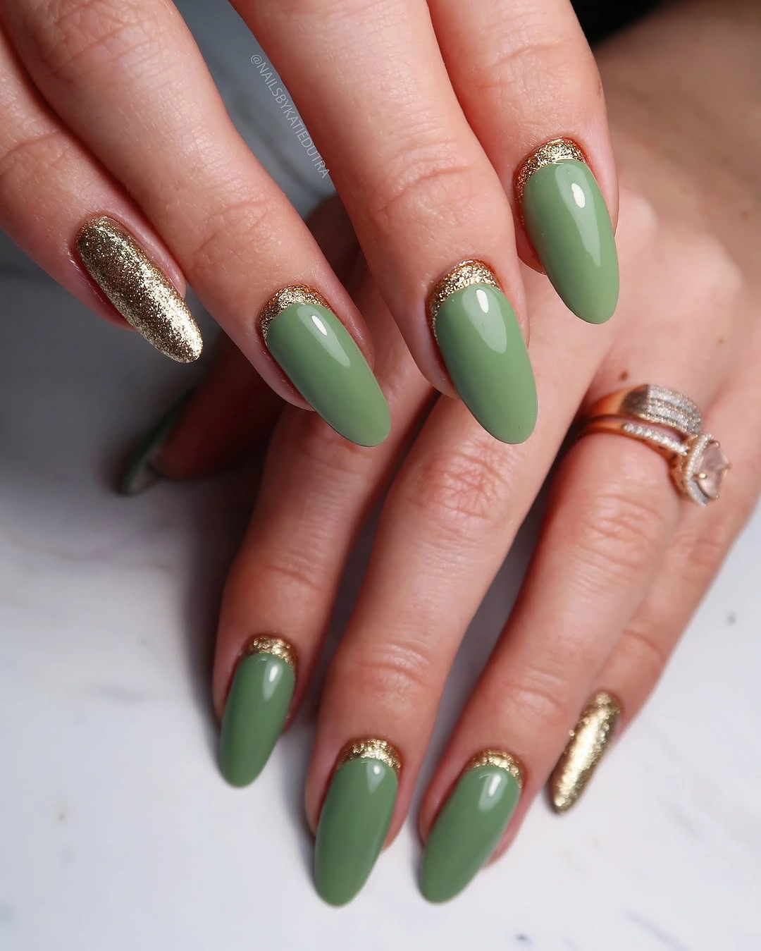 Sage almond nails with gold glitter fall accents