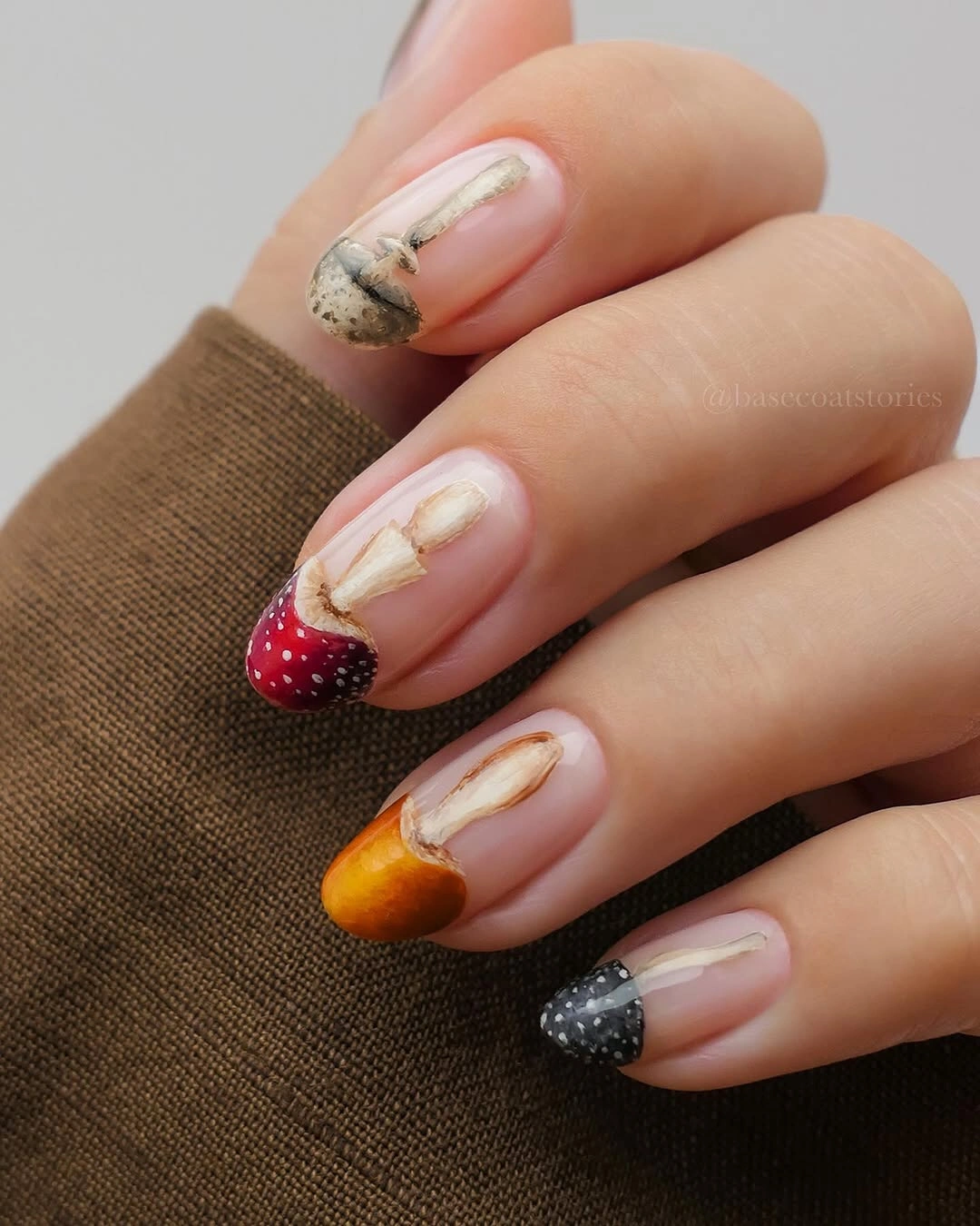 Medium almond nails with mustard burgundy and orange tips